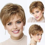 XIUFAXIRUSI XIUFAXIRUSI Short Layered Blonde Pixie Wigs for Women Mixed Brown Pixie Cut Wigs with Bangs Natural Looking Synthetic Hair Replacement Wig