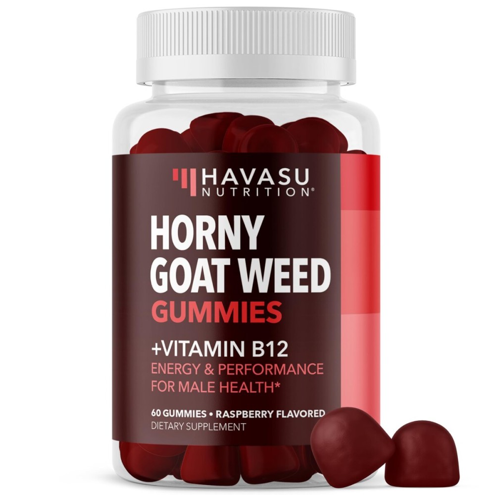 Horny Goat Weed Gummies with Vitamin B12 - Energy, Endurance & Performance Support for Male Health - 60 Count - Vegetarian-Friendly, Non-GMO, Pectin-Based - Raspberry Flavor, 1 Month Supply