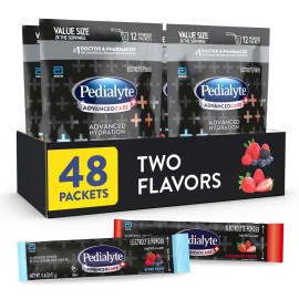 Pedialyte AdvancedCare Plus Electrolyte Powder, Has 33% More Electrolytes and PreActiv Prebiotics, Variety Pack: Berry Frost and Strawberry Freeze, 24 Powder Packets