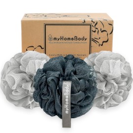 myHomeBody Large 70g Loofah Sponge, Body Scrubber, Bath Sponge, Loofah for Women, Men, Exfoliating Sponge Shower Pouf with Activated Charcoal - 2 Sea Foam Green + 1 Navy Blue, 3 Pack