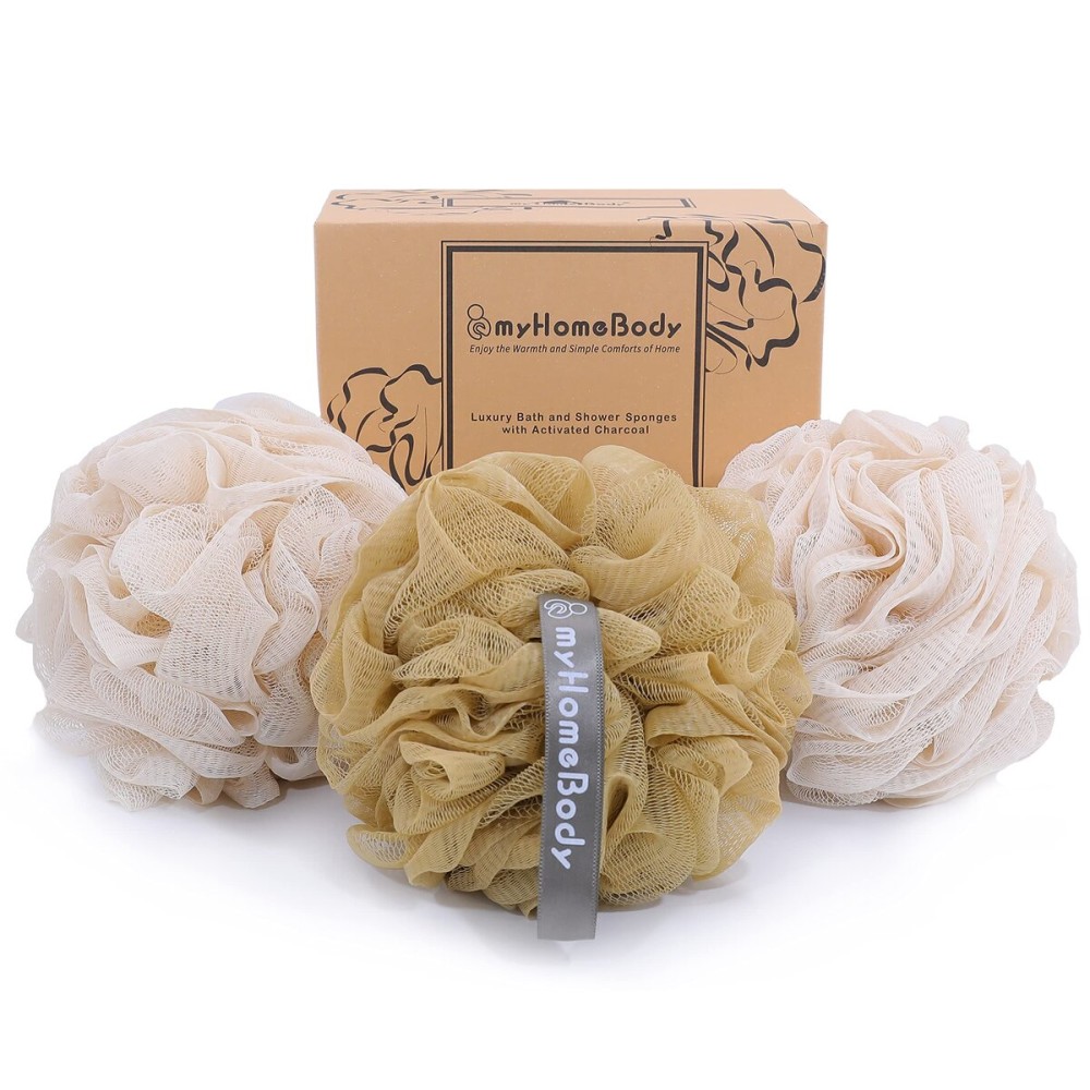 myHomeBody Large 70g Loofah Sponge, Body Scrubber, Bath Sponge, Loofah for Women, Men, Exfoliating Sponge Shower Pouf with Activated Charcoal - 2 Oat Milk + 1 Caramel, 3 Pack