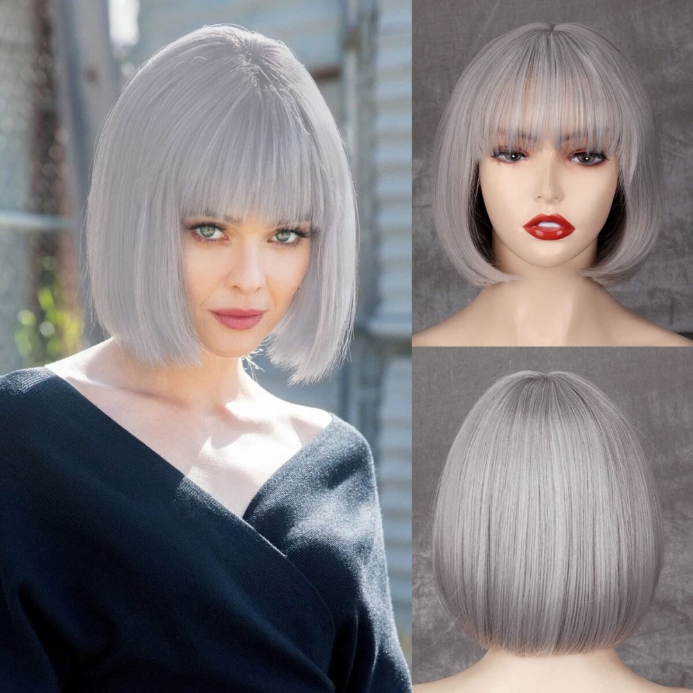 WERD Silver Bob Wig with Bangs, Short Bob Grey Wig for Women, Straight Short Silver Hair Natural Looking for Daily