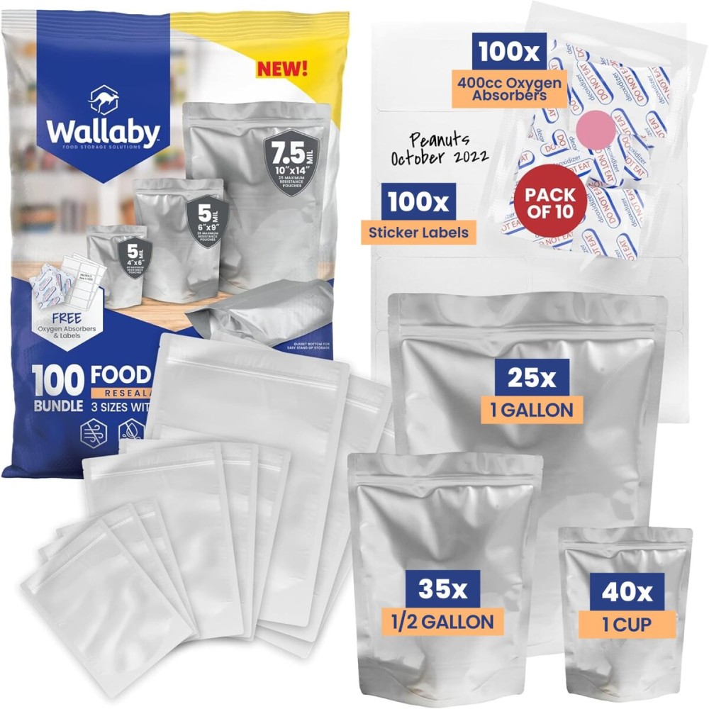 Wallaby 100ct Multi-Size Mylar Bags, 400cc Oxygen Absorbers, 15 & 10 Mil Total Thickness, 1-Gal, 1-Qt, 1/2-Pt, Stand-Up, Zipper & Heat-Sealable, Gusseted Zipper Bags for Long-Term Food Storage