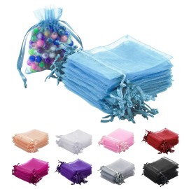 MOTYAWN 100Pcs Organza Bags - 2x3 Inches Drawstring Mesh Gift Bags for Jewelry, Wedding, Party (Water blue)