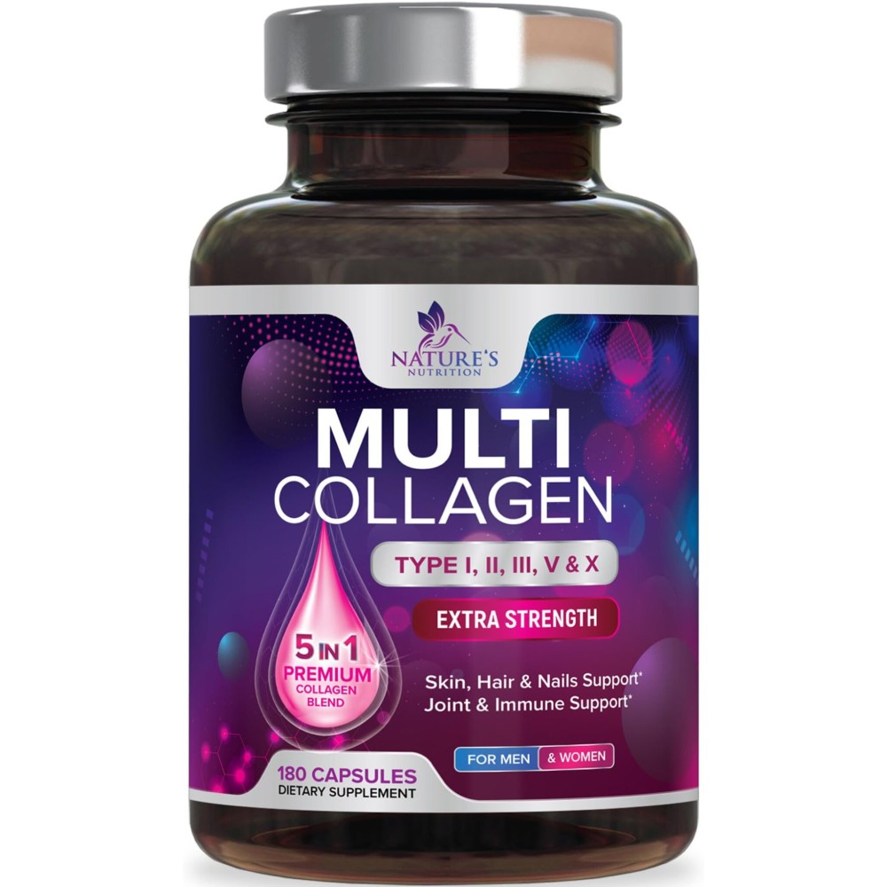 Multi Collagen Pills 2400 mg - Advanced Types I, II, III, V, X - Hydrolyzed Multi Collagen Peptides Pills, Collagen Supplements for Women & Men - Hair, Skin, & Nail Support Supplement - 180 Capsules
