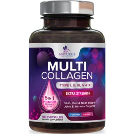 Multi Collagen Pills 2400 mg - Advanced Types I, II, III, V, X - Hydrolyzed Multi Collagen Peptides Pills, Collagen Supplements for Women & Men - Hair, Skin, & Nail Support Supplement - 180 Capsules