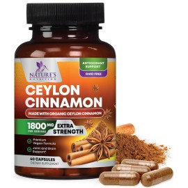 Organic Ceylon Cinnamon Supplement 1800mg - Certified Organic Ceylon Cinnamon Powder Pills - Energy & Heart Support for Women & Men, Bottled in USA, Antioxidant, Gluten Free, Non-GMO - 60 Capsules