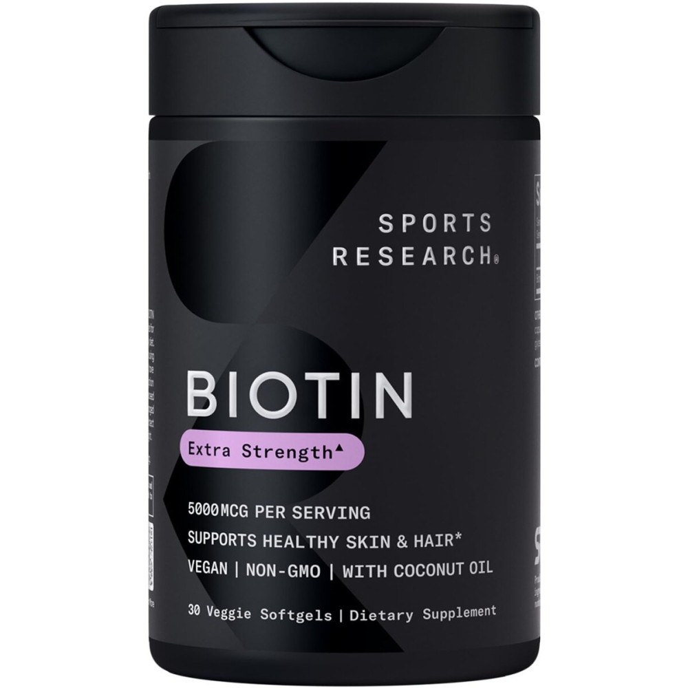 Sports Research Biotin 5,000mcg with Organic Coconut Oil - Biotin (Vitamin B7) for Healthy Skin and Hair Support* - for Women and Men - Vegan, Non-GMO, Gluten & Soy-Free - 30 Veggie Softgels