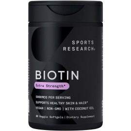 Sports Research Biotin 5,000mcg with Organic Coconut Oil - Biotin (Vitamin B7) for Healthy Skin and Hair Support* - for Women and Men - Vegan, Non-GMO, Gluten & Soy-Free - 30 Veggie Softgels