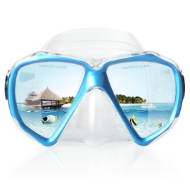 Snorkel Diving Mask Panoramic HD Swim Mask, Anti-Fog Scuba Diving Goggles,Tempered Glass Dive Mask Adult Youth Swim Goggles with Nose Cover for Diving, Snorkeling, Swimming (Lake Blue)