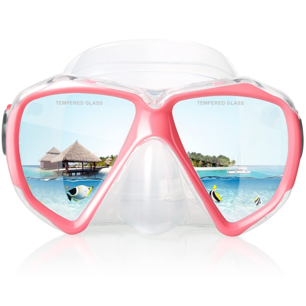 Snorkel Diving Mask Panoramic HD Swim Mask, Anti-Fog Scuba Diving Goggles,Tempered Glass Dive Mask Adult Youth Swim Goggles with Nose Cover for Diving, Snorkeling, Swimming (Pink)