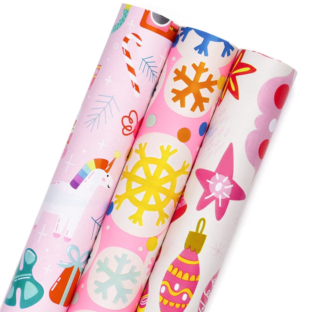 MAYPLUSS Pink Christmas Wrapping Paper - Mini Roll - 17in x 120 in Per roll - Pink White Snowfakes, Unicorn,Bell for Xmas Gift Wrap Retro Christmas Ornaments,for Holiday, New Year (46.8sq.ft)