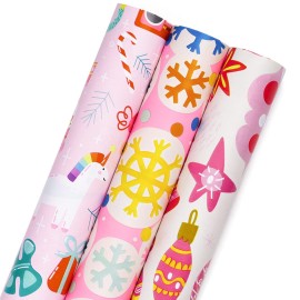 MAYPLUSS Pink Christmas Wrapping Paper - Mini Roll - 17in x 120 in Per roll - Pink White Snowfakes, Unicorn,Bell for Xmas Gift Wrap Retro Christmas Ornaments,for Holiday, New Year (46.8sq.ft)