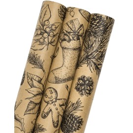 MAYPLUSS Kraft Christmas Wrapping Paper Roll - 3 Mini Roll -17in x120in Per roll,Kraft Vintage Wrapping Paper,Rustic Print for Party,Birthday,Baby Shower,Natural Paper Roll Design (42.3 sqft)