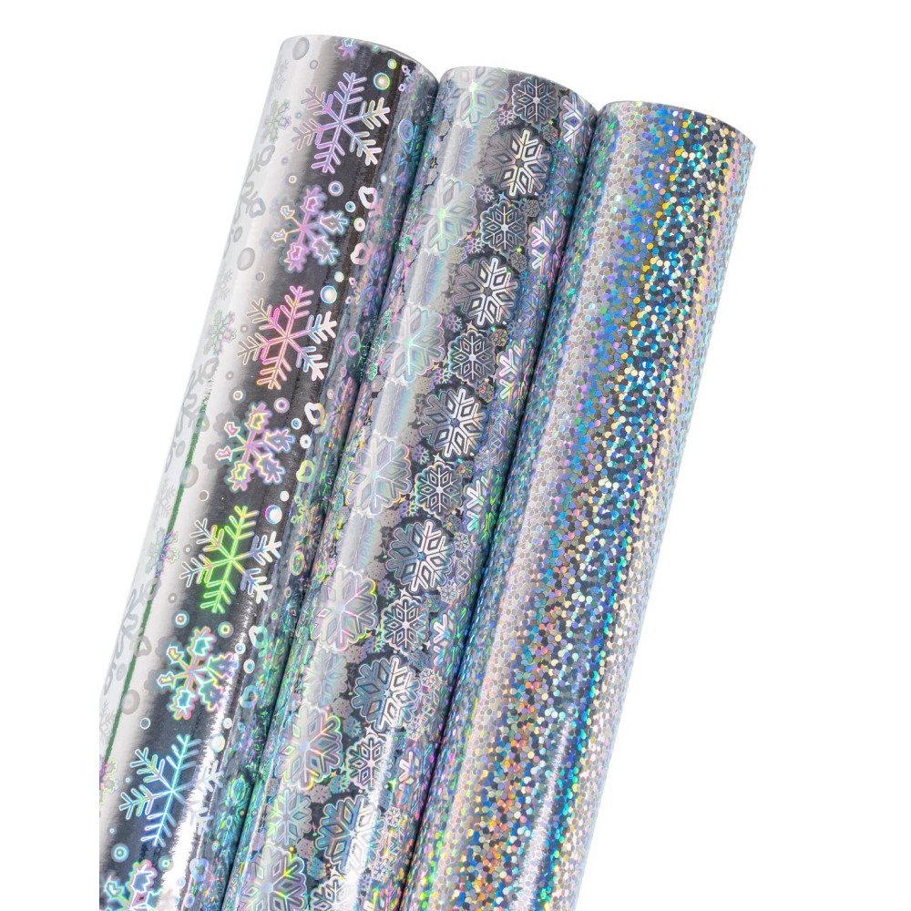 MAYPLUSS Christmas Holographic Foil Wrapping Paper - 17in x 120in Per Roll - Shiny Silver Snowflakes and Dots Design Iridescent Gift Wrap Paper for Christmas Wedding Winter Shower Holiday Celebration