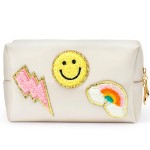 LieToi Preppy Patch Small Cosmetic Toiletry Bag Smile Rainbow Lightning PU Leather Waterproof Portable Cosmetic Makeup Bag Travel Organizer Pouch for Toiletries Storage Women Girls Gift (Shell White)