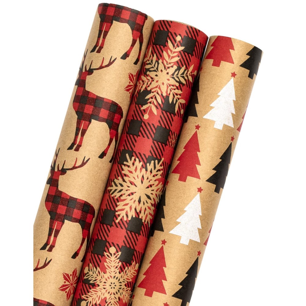 MAYPLUSS Kraft Christmas Wrapping Paper Roll - Mini Roll - 17 inch X 120 inch Per roll - 3 Different Red Reindeer & Snowflakes Design (42.3 sq.ft.ttl)