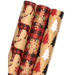 MAYPLUSS Kraft Christmas Wrapping Paper Roll - Mini Roll - 17 inch X 120 inch Per roll - 3 Different Red Reindeer & Snowflakes Design (42.3 sq.ft.ttl)