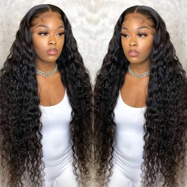 Pizazz 30 Inch Lace Front Wigs Human Hair Pre Plucked With Baby Hair 12A Brazilian Deep Wave HD Transparent Lace Wig for Women (30 Inch, Black color)