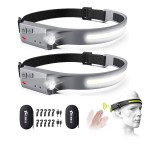 akerrelc Headlamp, 2 Rechargeable LED Headlamps with Motion Sensor, Up to 1200 lumens and 10 Hours Runtime, 10 Clips and 2 Cases, Waterproof Camping Gear for Hiking, Fishing, Cycling, Repairing(Grey)