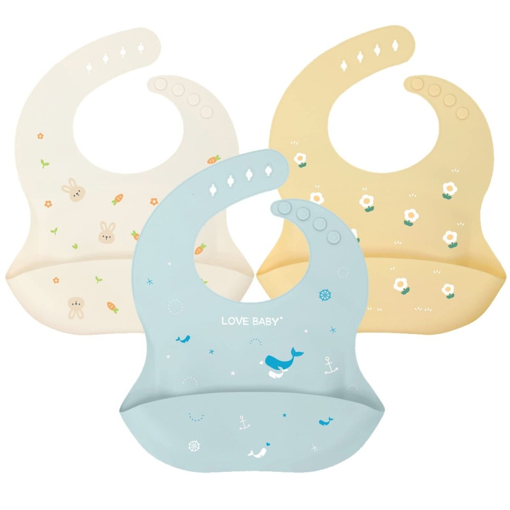 YINGJEE Silicone Baby Bibs Set of 3, Soft Waterproof Bibs for Babies & Toddlers with Food Catcher, Adjustable Bib (Beige/Yellow/Blue)