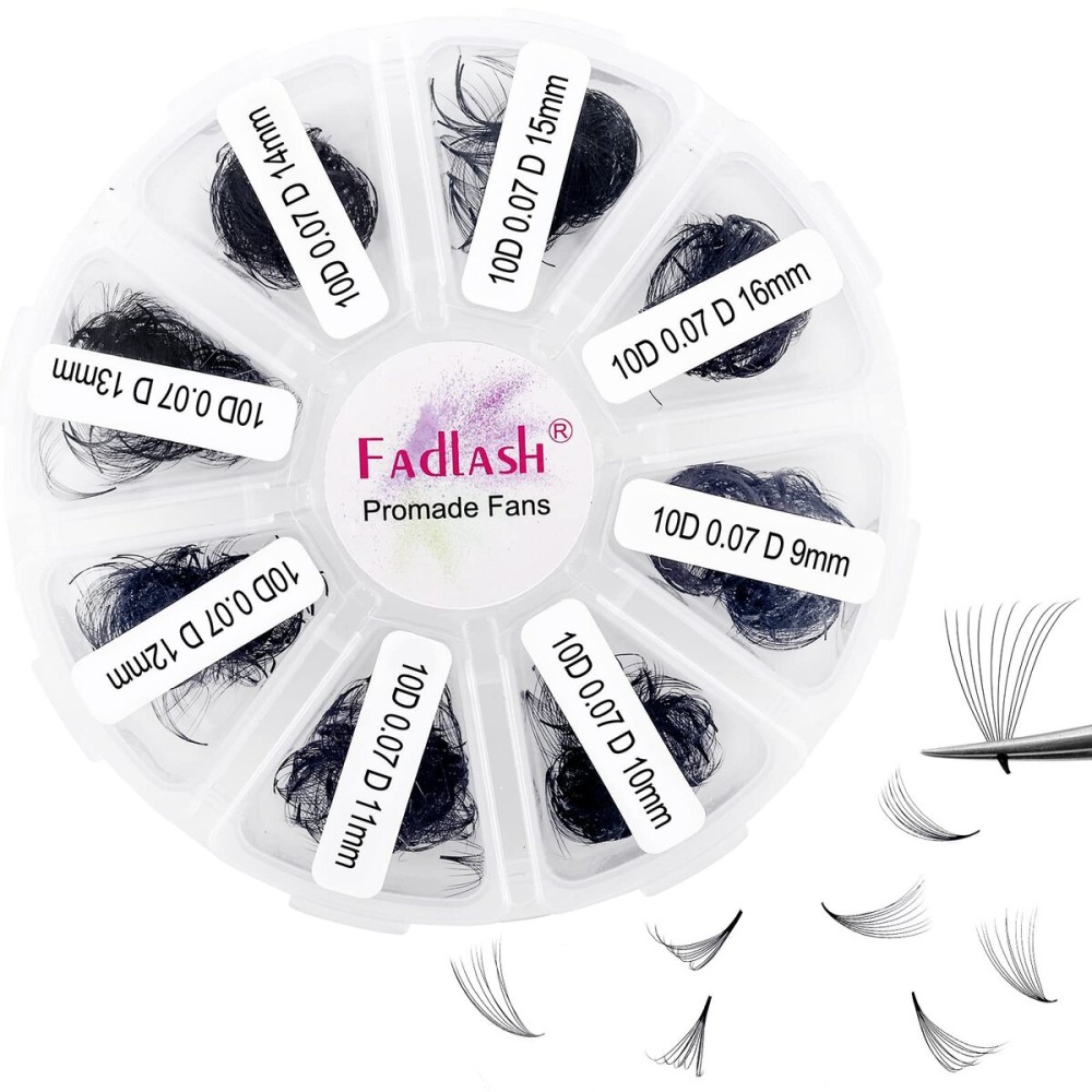 FADLASH 1000 Fans 10D Premade Volume Eyelash Extensions Mixed Tray Premade Fans Eyelash Extensions D Curl Premade Lash Fans Pointed Handmade Promade Loose Fans Thin Base (10D-0.07D,9-16mm)