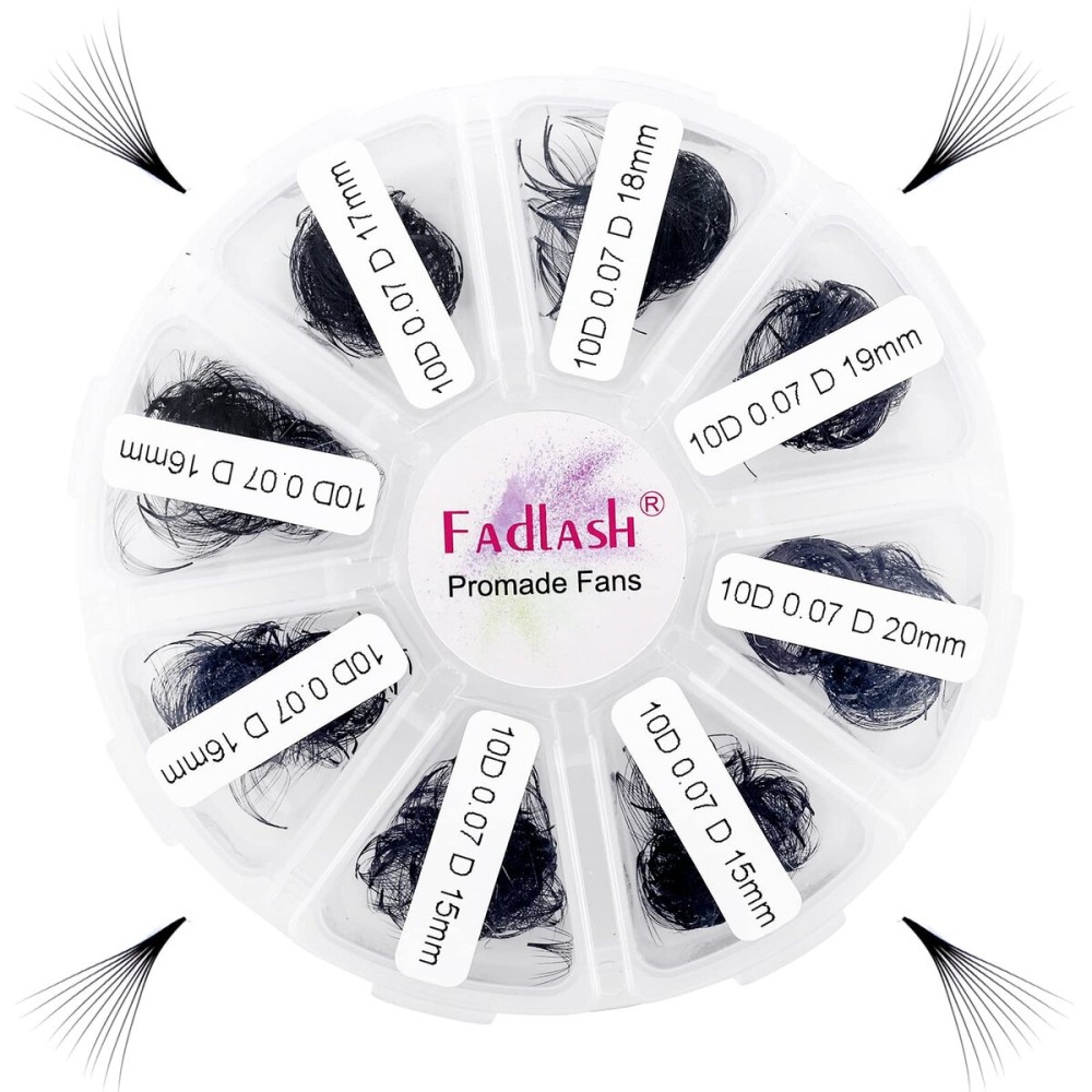 Premade Fans Eyelash Extensions Mixed Tray 1000 Premade Lash Fans 10D Premade Volume Eyelash Extensions Pointed Handmade Promade Loose Fans D Curl Thin Base (10D-0.07D, 15-20mm)
