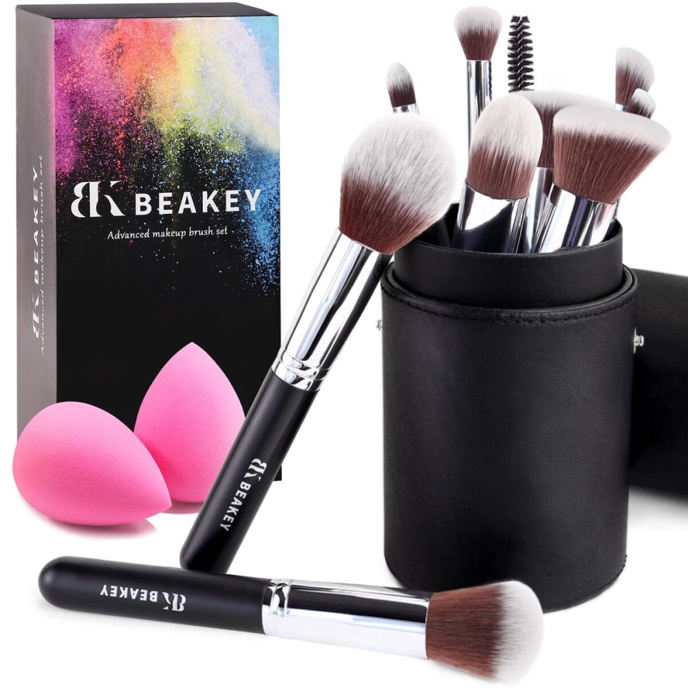 BEAKEY Makeup Brushes Sets, Brush Sets with Makeup Sponges (10+2pcs, with Black Case)