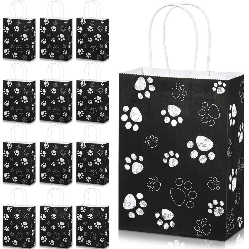 Blulu 20 Pcs Puppy Dog Paw Gift Bags with Paper Twist Handles, Dog Gift Paper Paw Treat Goodie Bags for PET Treat Party Favor, 6.3 x 3.1 x 8.6 Inch(Black Backing)
