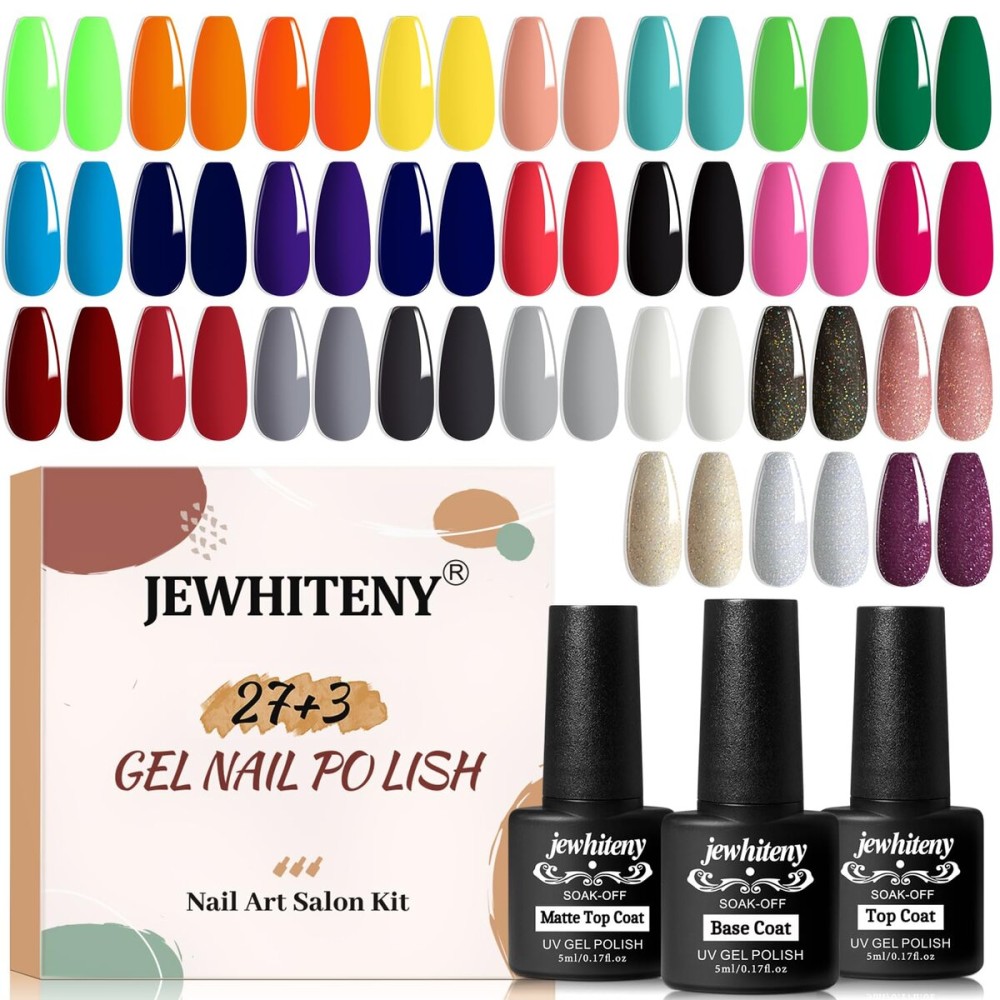 JEWHITENY 30pcs Gel Nail Polish Kit With 27 Colors + Matte Top Coat, Base Coat And Top Coat Polish Set For Manicure Nail Art Salon/Home Starter (Packaging May Vary)