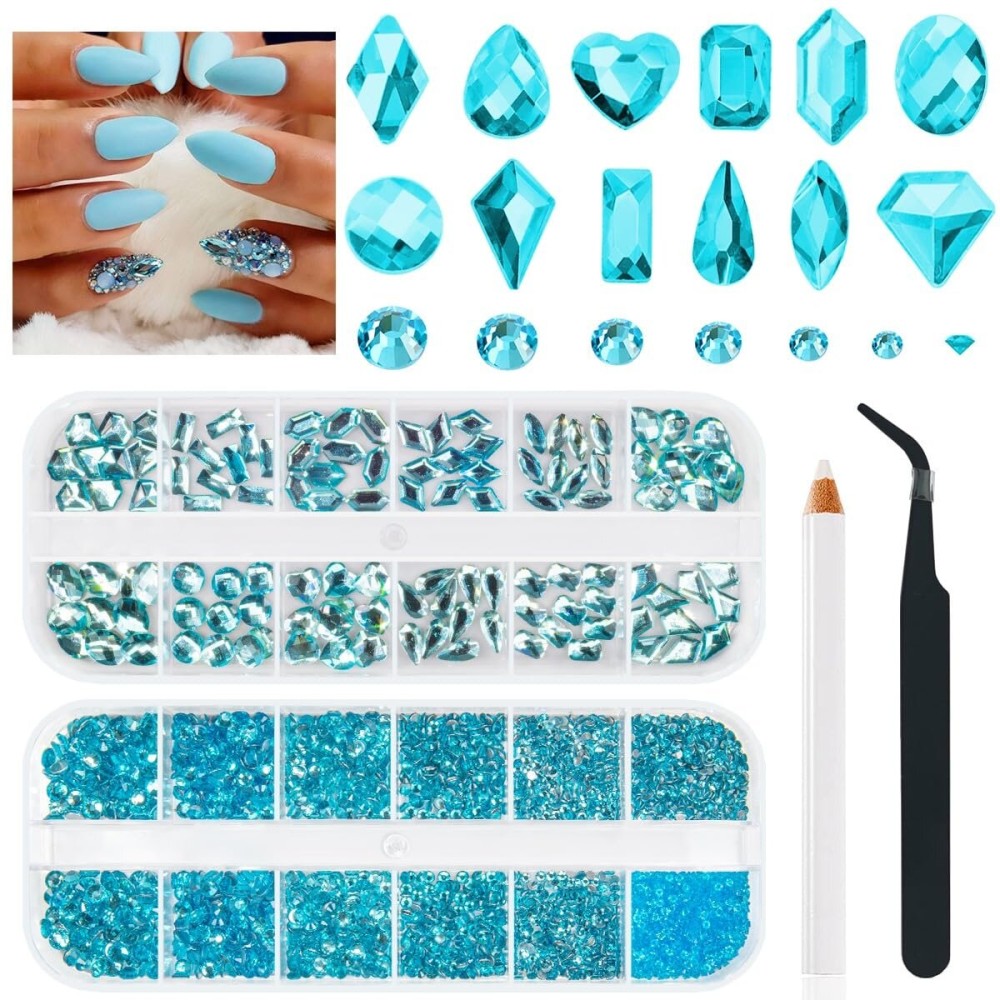 qiipii 4080Pcs Aquamarine Nail Rhinestones Water Blue Stones for Nails Nail Charms K9 Glass Flatback Gems Lake Blue Round Diamonds jewels Crystals Charms Supplies for Nails Faces Eyes Makeup Crafts