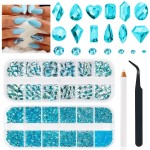 qiipii 4080Pcs Aquamarine Nail Rhinestones Water Blue Stones for Nails Nail Charms K9 Glass Flatback Gems Lake Blue Round Diamonds jewels Crystals Charms Supplies for Nails Faces Eyes Makeup Crafts