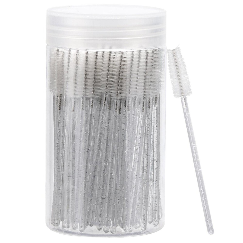 100 Pcs Disposable Mascara Wands, Crystal Eyebrow Spoolies Brush for Eyelash Extensions, Lash Brushes with Container (White)