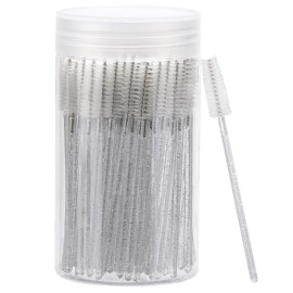 100 Pcs Disposable Mascara Wands, Crystal Eyebrow Spoolies Brush for Eyelash Extensions, Lash Brushes with Container (White)