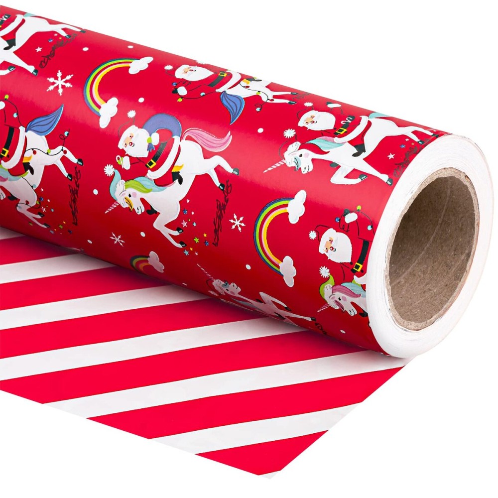WRAPAHOLIC 30 Inch Jumbo Reversible Unicorn Christmas Wrapping Paper - 30 Inch x 100 Feet Jumbo Roll Red Santa Claus, Unicorn Wrapping Paper and Stripe Design for Holiday, Party