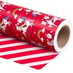 WRAPAHOLIC 30 Inch Jumbo Reversible Unicorn Christmas Wrapping Paper - 30 Inch x 100 Feet Jumbo Roll Red Santa Claus, Unicorn Wrapping Paper and Stripe Design for Holiday, Party