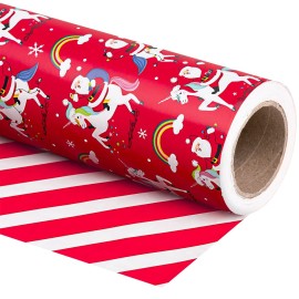 WRAPAHOLIC 30 Inch Jumbo Reversible Unicorn Christmas Wrapping Paper - 30 Inch x 100 Feet Jumbo Roll Red Santa Claus, Unicorn Wrapping Paper and Stripe Design for Holiday, Party