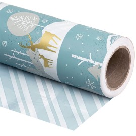 WRAPAHOLIC 30 Inch Jumbo Reversible Christmas Wrapping Paper - 30 Inch x 100 Feet Jumbo Roll Blue and White Reindeer Holiday Landscape and Stripe Design for Christmas, Holiday, Party