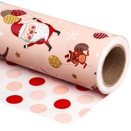 WRAPAHOLIC 30 Inch Jumbo Reversible Christmas Wrapping Paper - 30 Inch x 100 Feet Jumbo Roll Red and Pink Dancing Santa Claus Reindeer and Colorful Polka Dots Design for Christmas, Holiday, Party