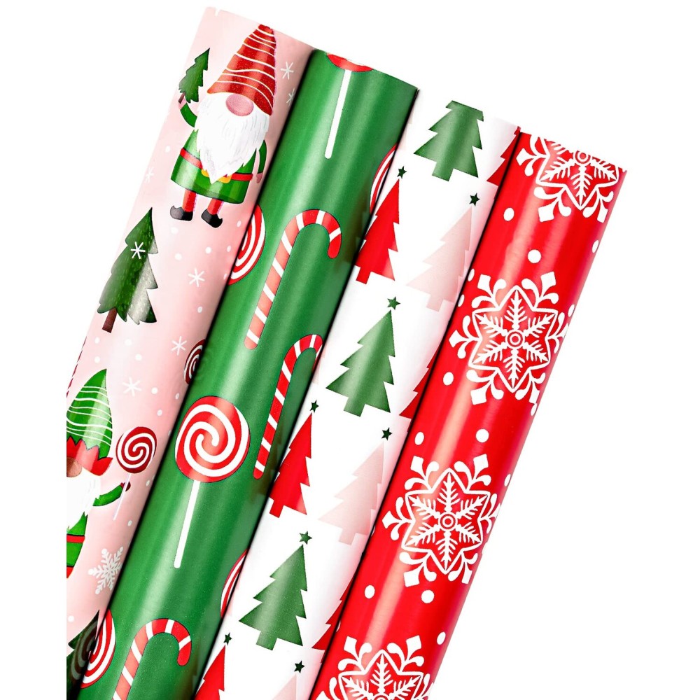 WRAPAHOLIC 30 Inch Christmas Wrapping Paper Roll - Jumbo Roll Red, Green and Pink Christmas Gnome Elf Holiday Collection - 4 Rolls - 30 Inch x 120 Inch Per Roll