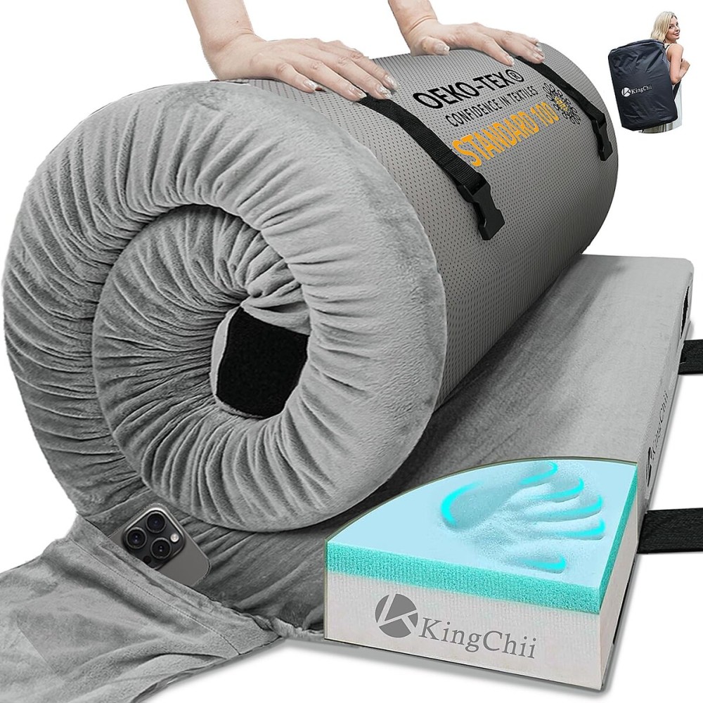 KingChii Memory Foam Camping Mattress, Portable Roll Up Sleeping Pad for Travel & Guest Bed for Sleepover with Waterproof Cover & Travel Bag