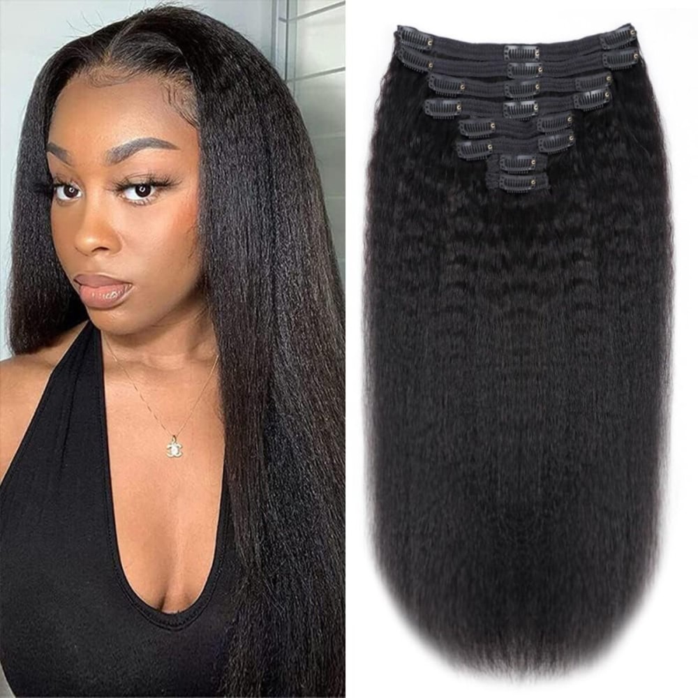 Tahikie Kinky Straight Human Hair Clip in Extensions 120g Full Head Clip ins for Women 100% Unprocessed Brazilian Virgin Human Hair Yaki Straight Clip ins Remy Hair Natural Black 8Pcs 18Clips 14inch