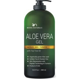 Aloe vera Gel - from 100% Pure Organic Aloe Infused with Matrixyl 3000 (Peptides), Turmeric - Natural Raw Moisturizer for Face, Body, Hair. Perfect for Sunburn, Acne, Razor Bumps 16.9 fl oz