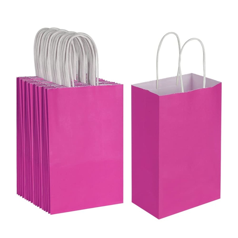 Oikss 50 Pack 5.25x3.25x8.25 Inch Small Hot Pink Kraft Paper Bags with Handles Bulk for Birthday Wedding Party Favors Grocery Retail Shopping Business Goody Craft Gift Bags Sacks (Fuchsia 50pcs Count)