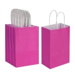 Oikss 50 Pack 5.25x3.25x8.25 Inch Small Hot Pink Kraft Paper Bags with Handles Bulk for Birthday Wedding Party Favors Grocery Retail Shopping Business Goody Craft Gift Bags Sacks (Fuchsia 50pcs Count)