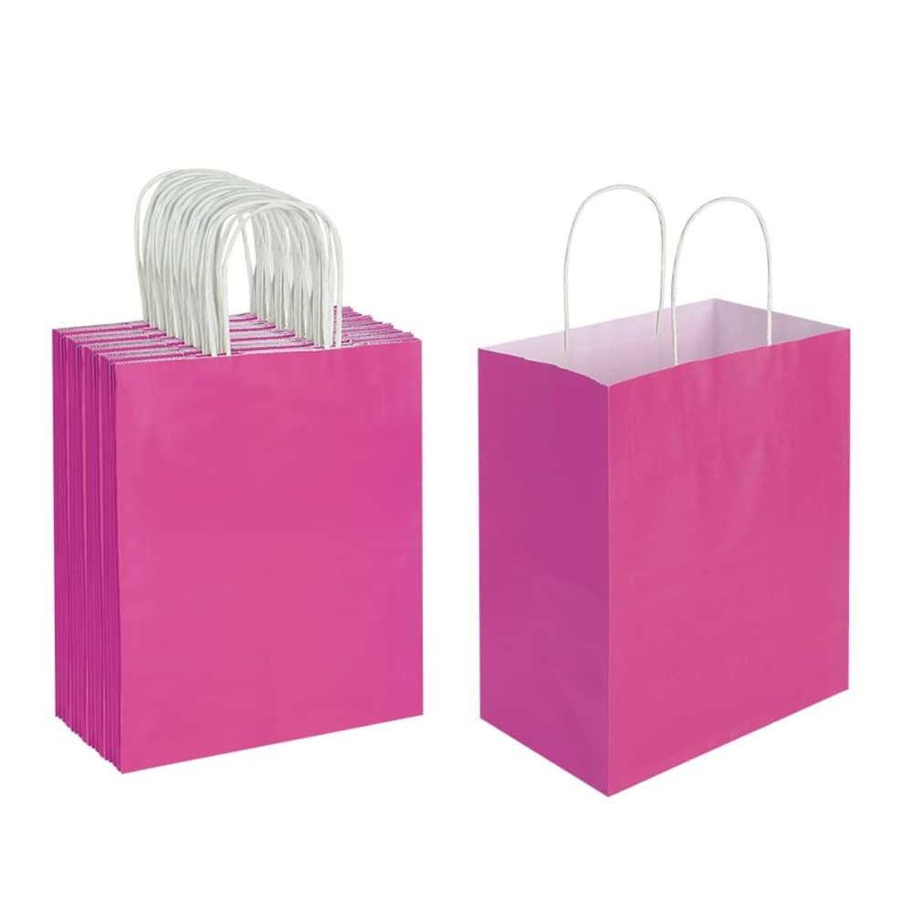 Oikss 50 Pack 8x4.75x10 Inch Medium Hot Pink Kraft Paper Bags with Handles Bulk for Birthday Wedding Party Favors Grocery Retail Shopping Business Goody Craft Gift Bags Sacks (Fuchsia 50pcs Count)