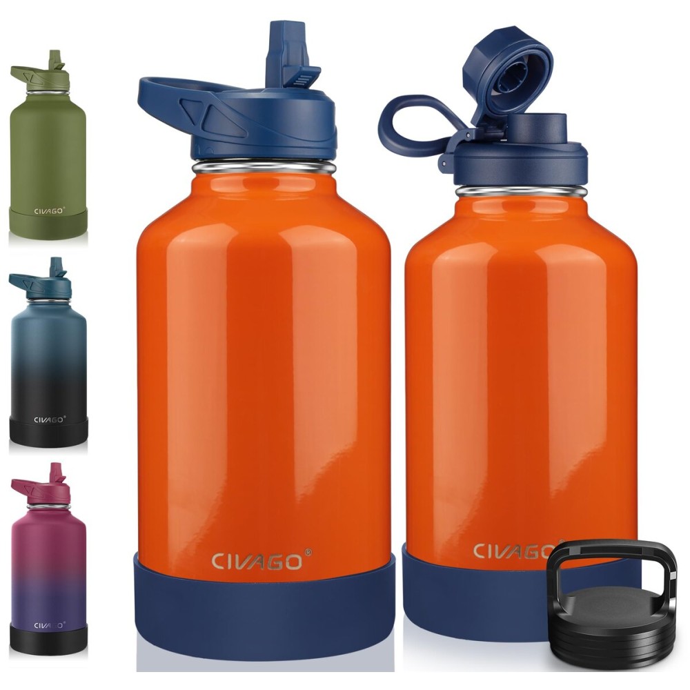 CIVAGO 64 oz Insulated Water Bottle With Straw, Half Gallon Stainless Steel Sports Water Flask Jug with 3 Lids (Straw, Spout and Handle Lid), Large Metal Thermal Cup Mug, Deep Orange