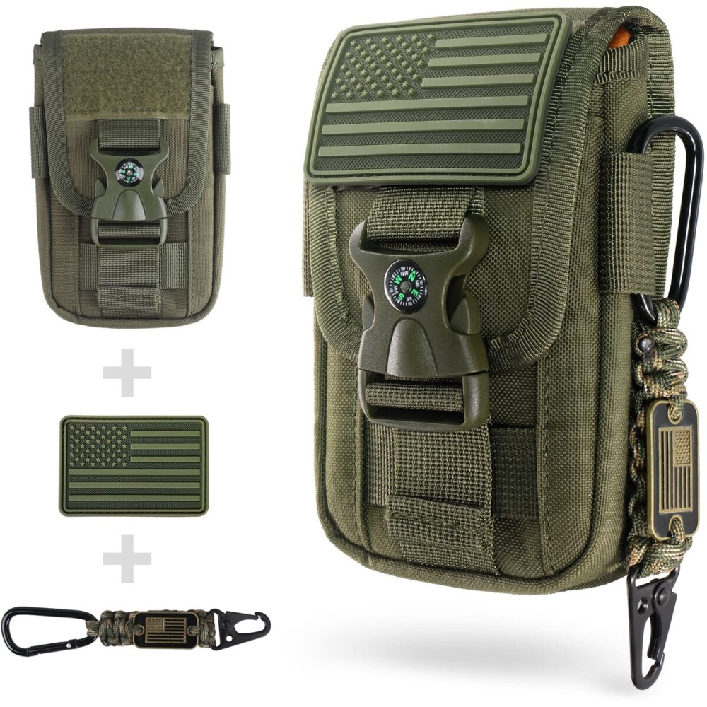 WYNEX Tactical Molle Phone Pouch with Compass Buckle, Tactical Phone Holster Molle Cell Phone Pouch Universal Belt Waist Bag for IP 15/14/13 Pro Max / S22/S21 with US Patch & Paracord Keyring Clip