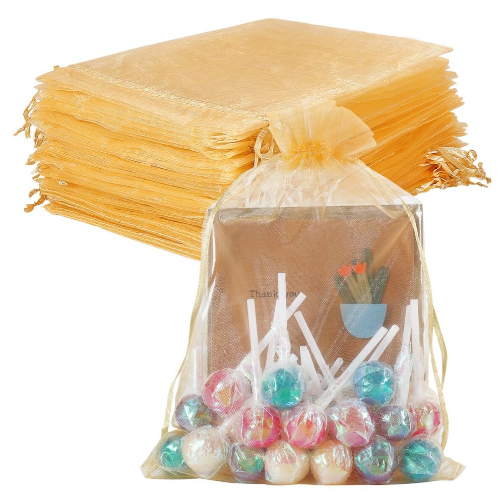 HRX Package 100pcs Gold Organza Bags 6x9 inch, Mesh Gift Pouches Drawstring Empty Sachet for Christmas Candy Present Party Favor