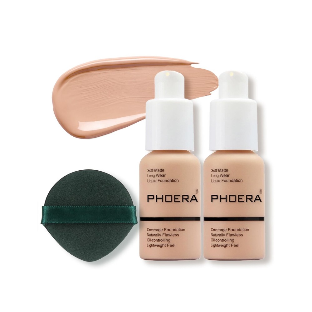 PHOERA Foundation Makeup Naturally Liquid Foundation Full Coverage Mattle Oil-Control Concealer 8 Colors Optional,Great Choice For Gift (2pcs,103 Warm Peach)